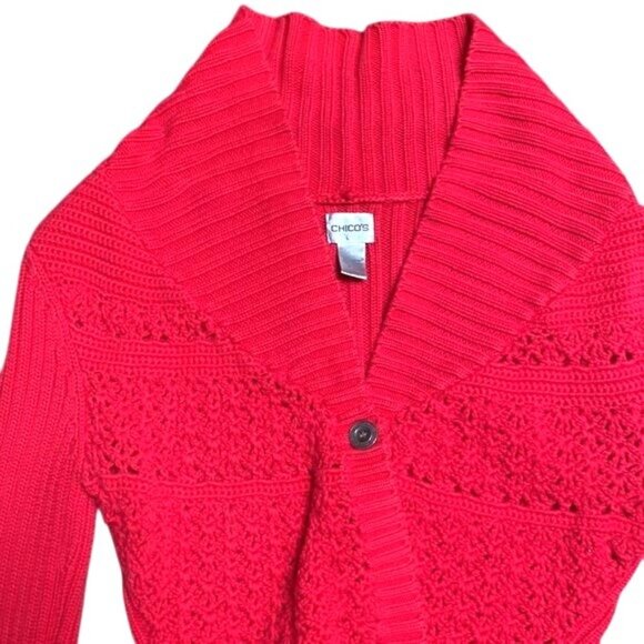 Chicos Red Knit Ribbed Cardigan Sweater Open Front Long Sleeve Cozy Classic Sz 2 - Picture 10 of 10